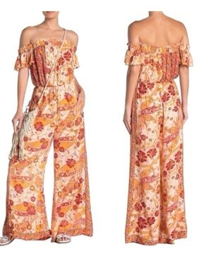 Free People Off-Shoulder Floral Print Wide-Leg Jumpsuit in Orange and Cream